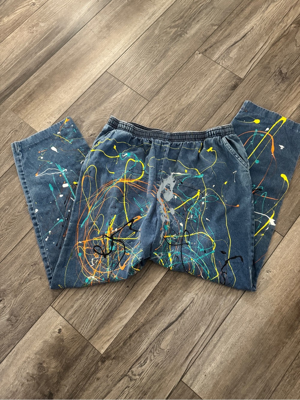 Upcycled Hand Painted High Waisted Elastic Denim Jeans Splatter Plus 14 - Picture 2 of 11